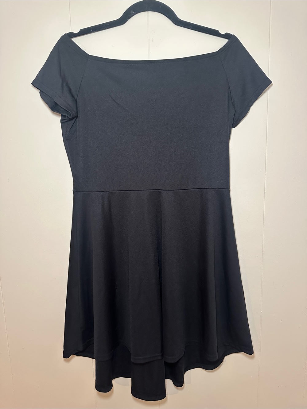 Off The Shoulder Black Short-Sleeve Fit & Flare Dress
